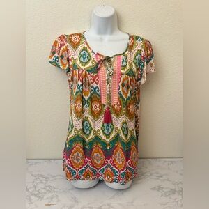 Vintage Y2k Paisley Baby Doll Top Fairy Whimsical Short Sleeve Tassel Tie